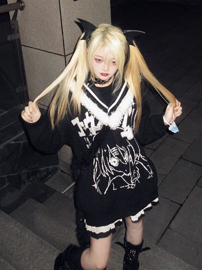 and Cartoon Detachable Black Jira Girl Design with Sailor Kei Sweater Collar