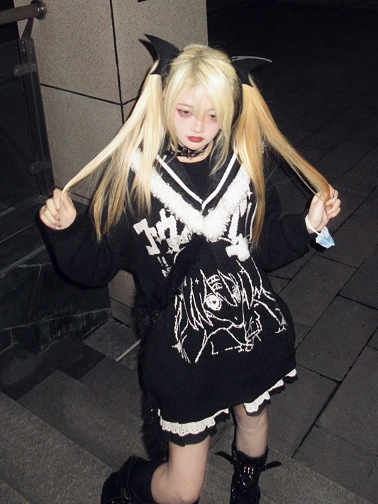 and Cartoon Detachable Black Jira Girl Design with Sailor Kei Sweater Collar