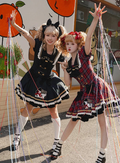 with Lace Plaid Trim Sweet Lolita Green and Black Dress Puppy Patch
