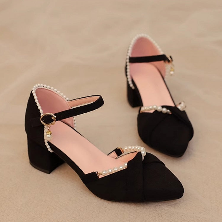 Decor Chain Shoes Intricate Qi Pointed with Toe Black - Heel Mid Beaded Sandals Lolita Detachable Back Suede