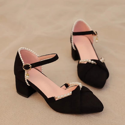 Decor Chain Shoes Intricate Qi Pointed with Toe Black - Heel Mid Beaded Sandals Lolita Detachable Back Suede