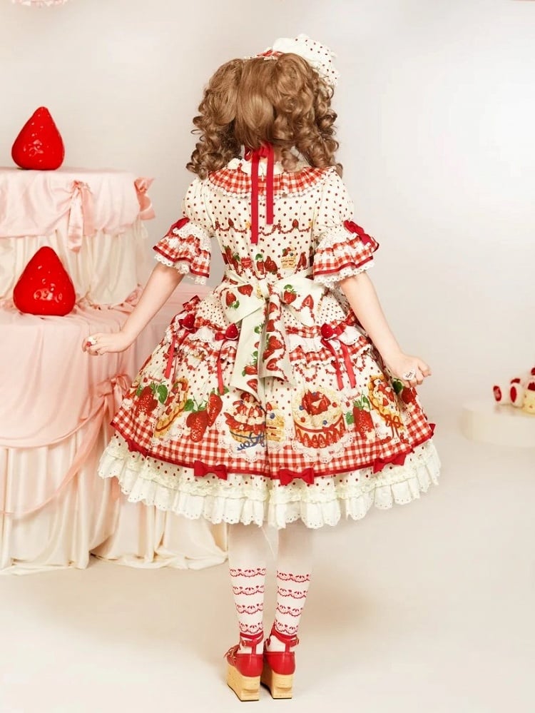 Puff Ruffle Sweet Dress Strawberry Lolita White Sleeves with Hem Red Cake Print