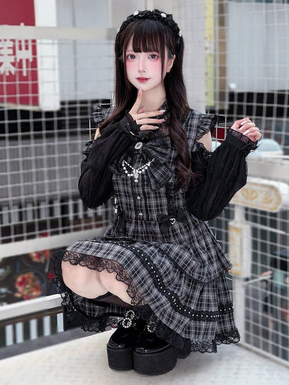 Plaid Cutout Shoulder Jirai Lace Trim Kei Chain with Bead Dress Bow and Black