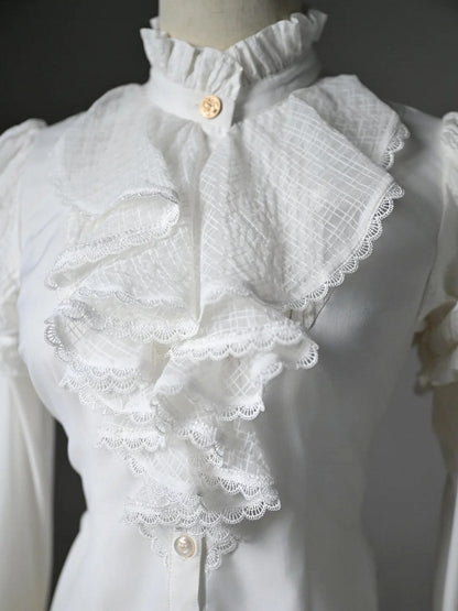 White Ruffled High Neck Long Sleeve Shirt