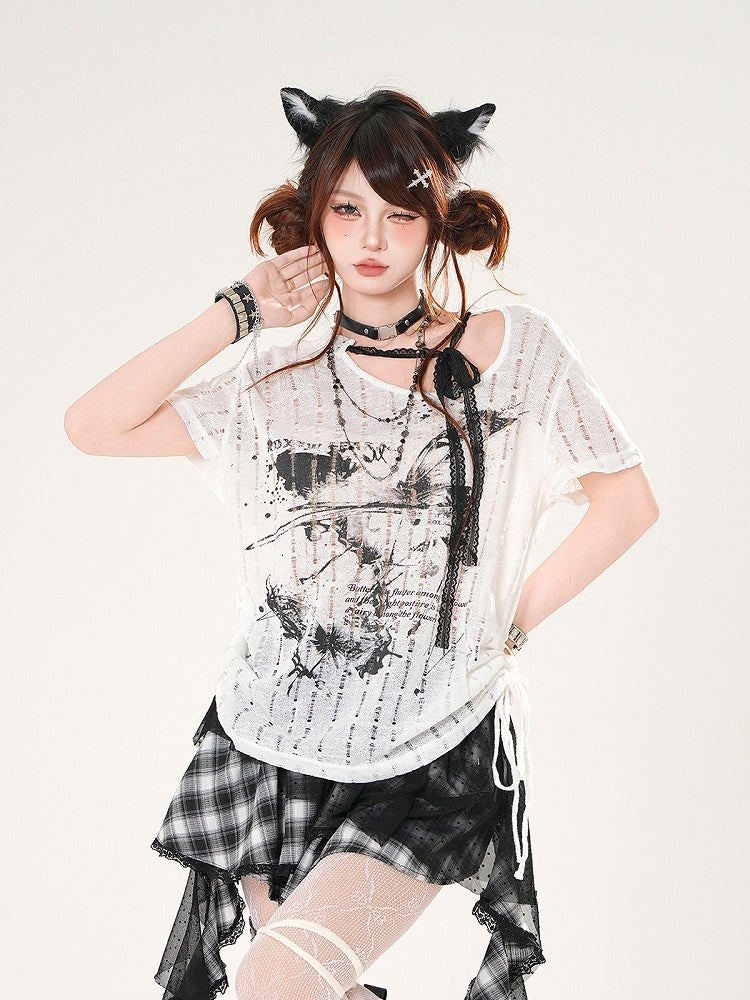 T-Shirt mit Schmetterlingsdruck, schwarz/weißen Trägern und Löchern im Used-Look, selbstbindender Ausschnitt