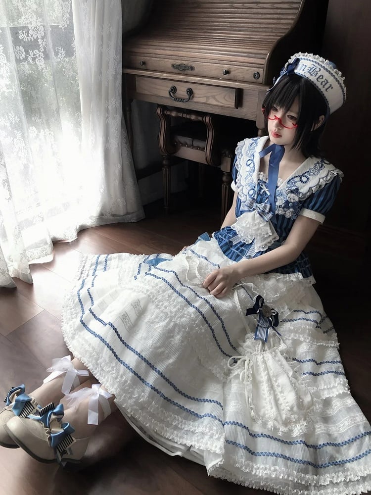White and Blue Embroidered Sailor Top and Skirt Set - Twin Bear Original Design