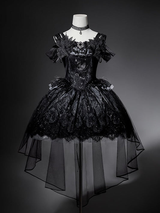 Taille Gothic Shimmer Kuro Black Swan besticktes Baskenkleid