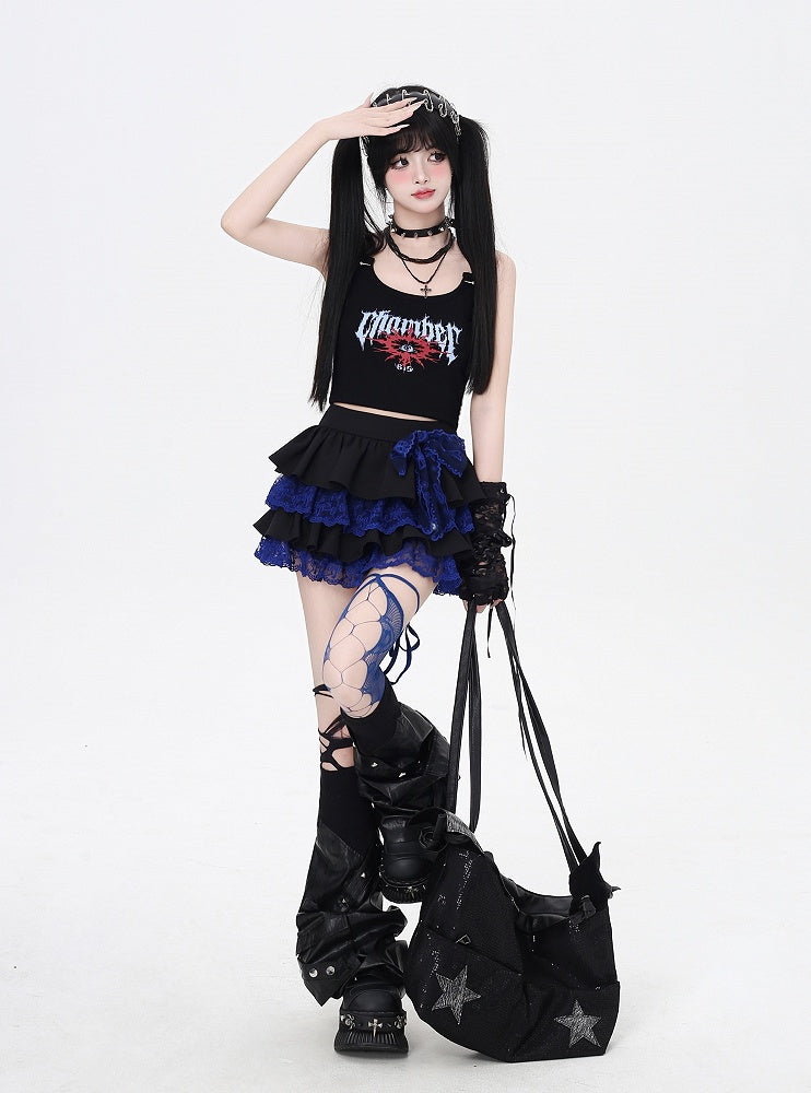 Contrast Blue Lace Trim Black Elastic Tiered Skirt Y2K Waist
