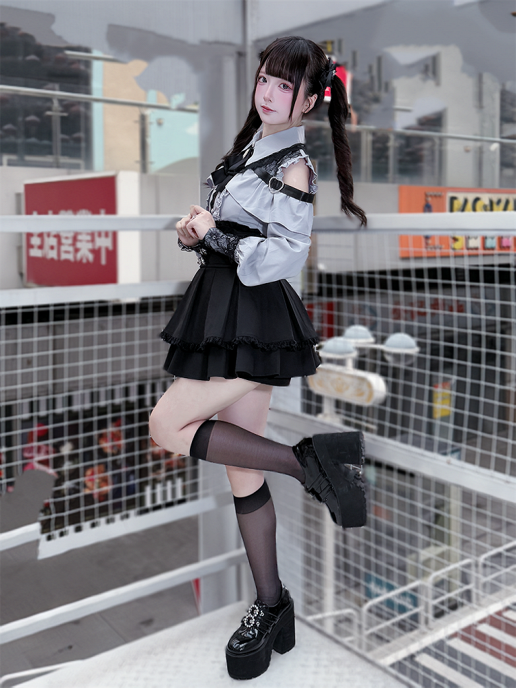 Long Blouse Sleeves Dusty Buttons Blue - Kei Sweetheart Jirai