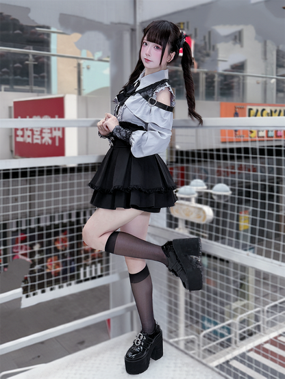 Long Blouse Sleeves Dusty Buttons Blue - Kei Sweetheart Jirai