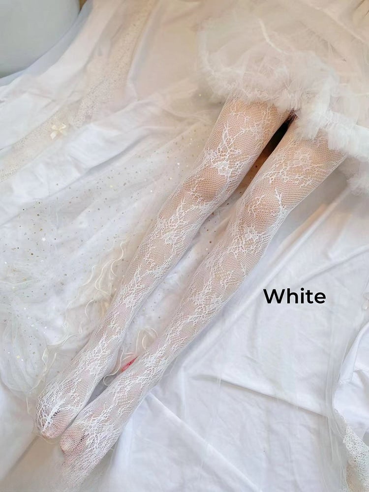 ホワイト/クリーミーイエロー/ブラックフローラルフィッシュネットタイツ