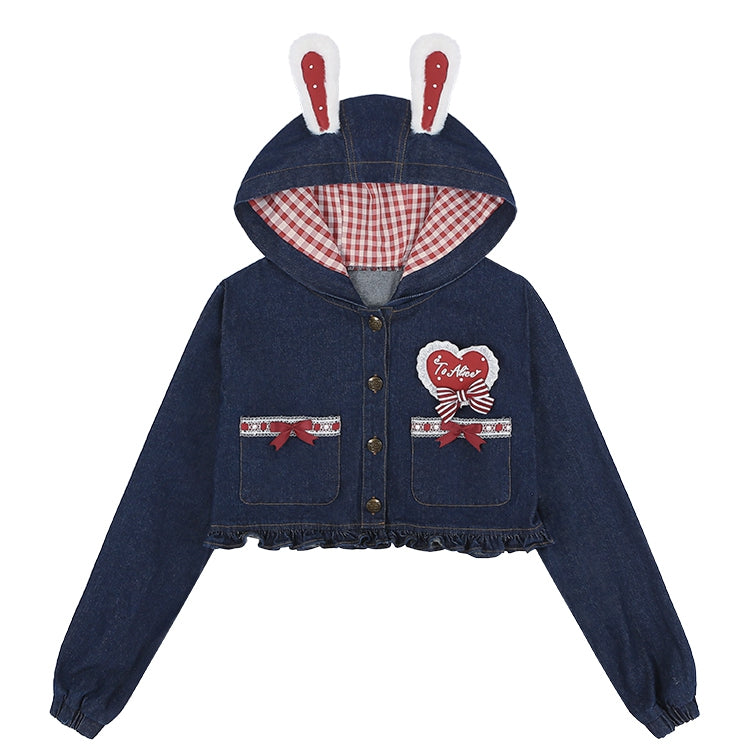 Navy Blue Heart Applique Bunny Ear Hooded Denim Short Jacket Ruffle Hem