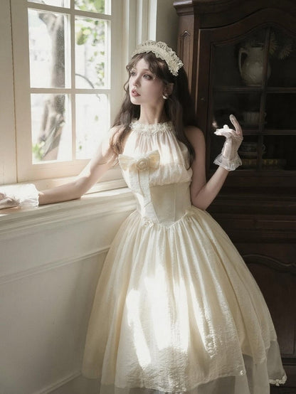 Waist Hairband Flower Halter Illusion Basque Dress Detachable Beige Bow Elegant Neck + Boned