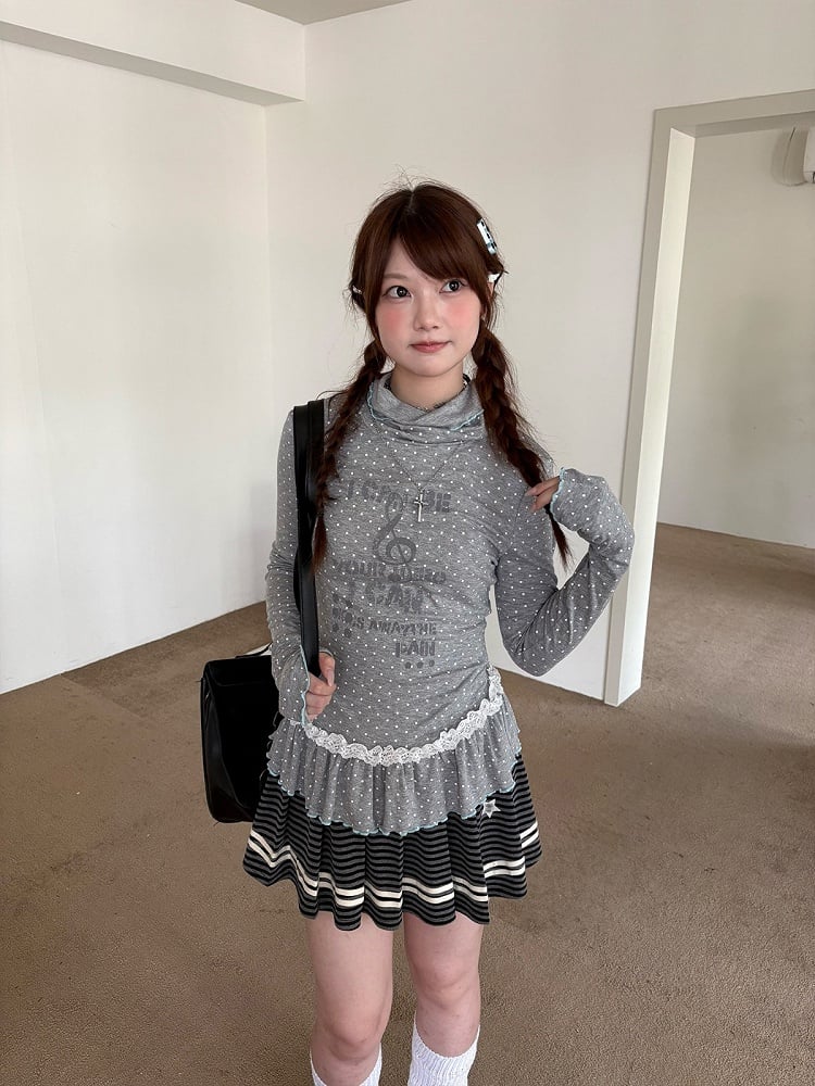 with Dots Ruffle Gray Polka Long T-Shirt Sleeve Neck Trim Lace