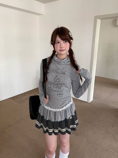 with Dots Ruffle Gray Polka Long T-Shirt Sleeve Neck Trim Lace