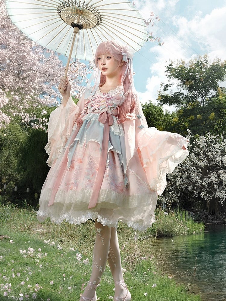 Lolita Overlay Floral Trim Edge Han with Scalloped Dress Golden JSK Blue Embroidery and Print Pink Fish