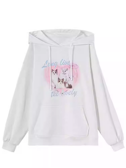 White Cat Print Loose Hoodie