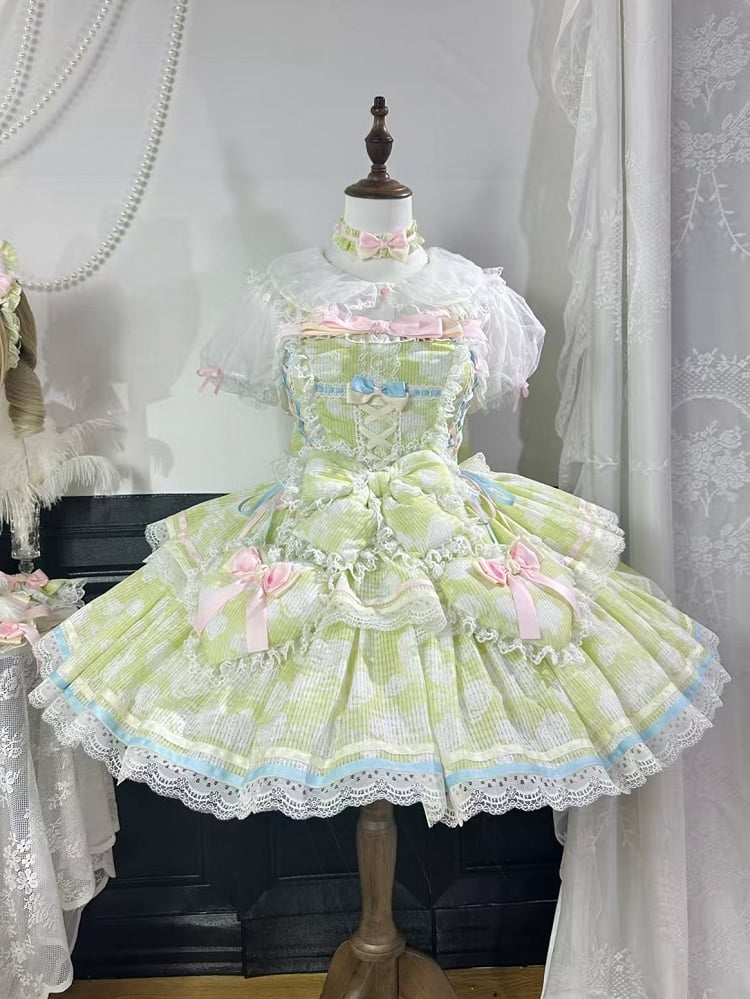 Decoration Skirt Green Bow and Lolita Rosette Fabric Jumper Heart Padded