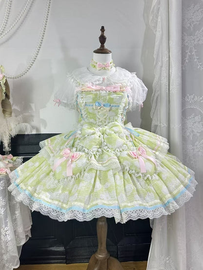 Decoration Skirt Green Bow and Lolita Rosette Fabric Jumper Heart Padded