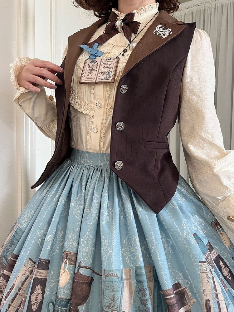 Brown Lapel Collar Coffee Cup Embroidery Striped Elegant Waistcoat - Dream Whale