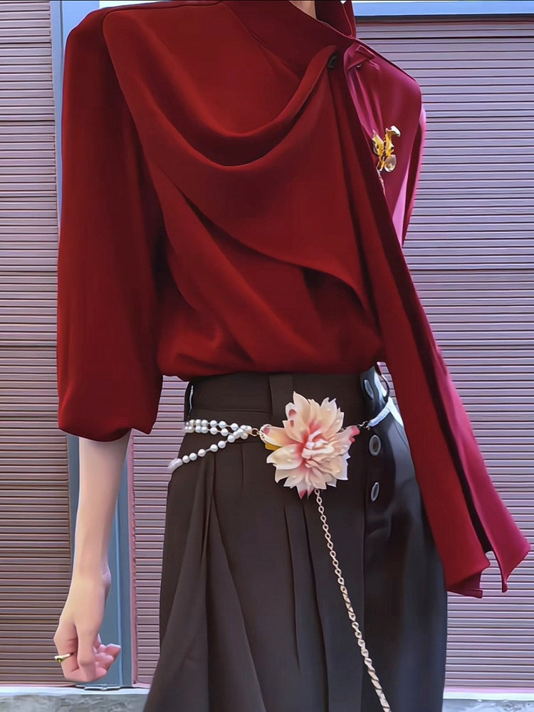 with Red Brooch Shirt and Design Golden Ribbon Leaf-shaped Vintage