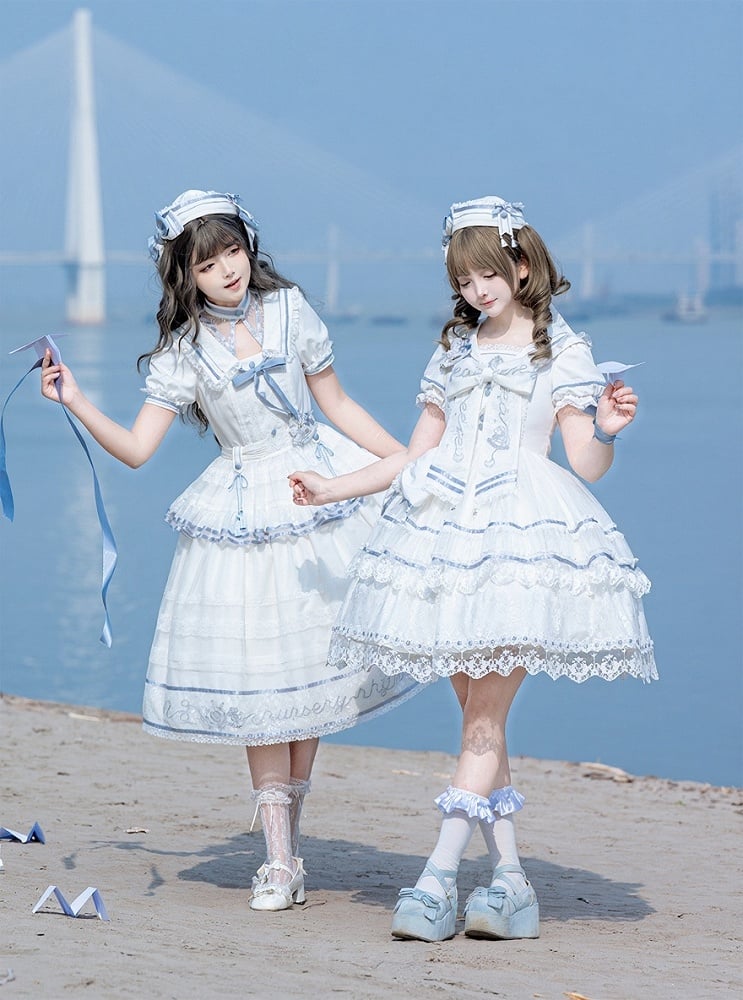Ivory and Azure Lace Sailor Gown with Stitched Accents - Honey Machine