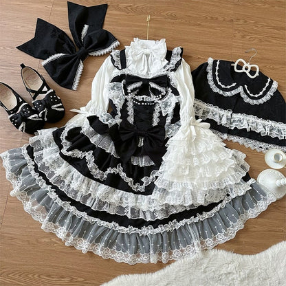 Verziertes Kleid, Pullover, schwarzer Rock, Besätze, Lolita, weiße Schleifen, Hanayome-Spitze