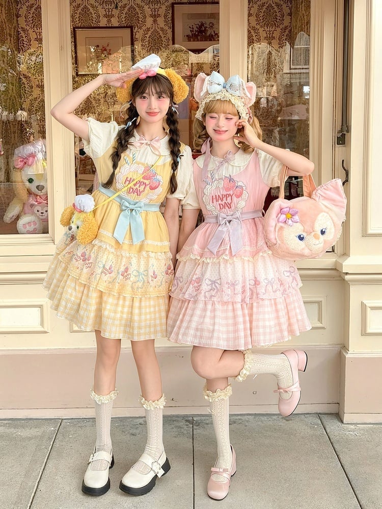 Süße Erdbeerkuchen Stickerei Peter Kragen Lolita Kleid Rock Tiered Pan Pink