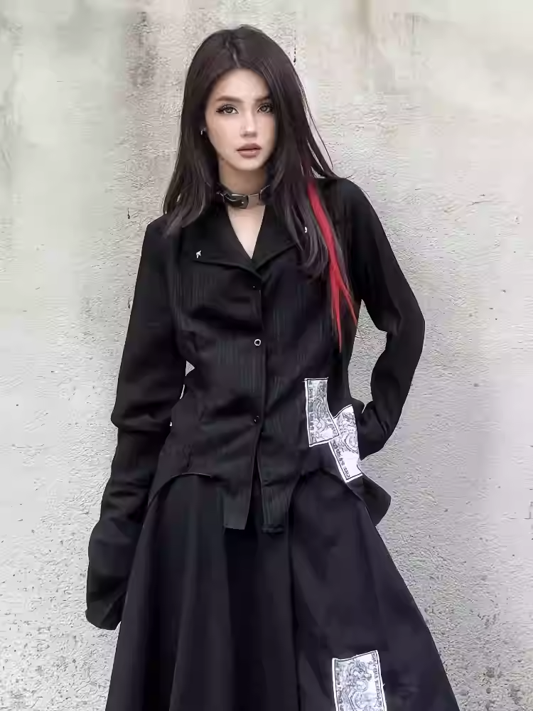 Black Notched Collar Bell Sleeves Punk Asymmetrical Shirt Appliques