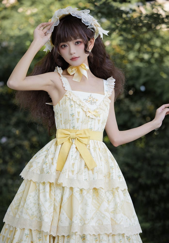 Lily and Cherry Print Yellow Natural Kei Lolita Tiered Dress - With PUJI