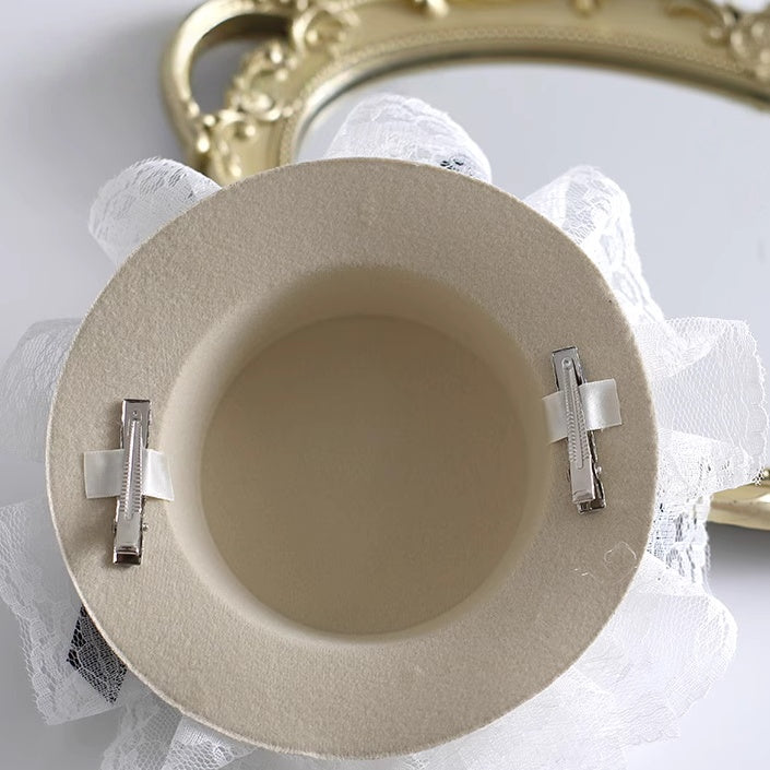 Gorgeous Lolita Beige Bud Lace Mini Hat With Black Bowknot Ribbon Decoration