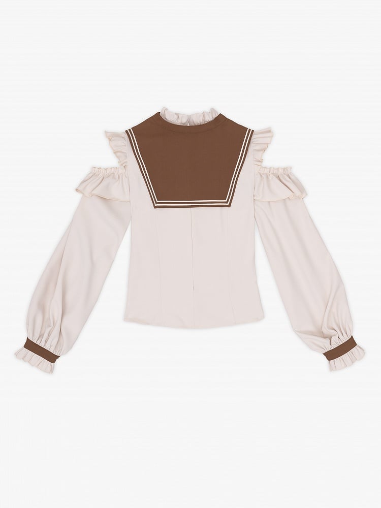Coffee Long-Sleeve Blouse with Detachable Collar and Bowtie - DevilInspired Exclusive Collection