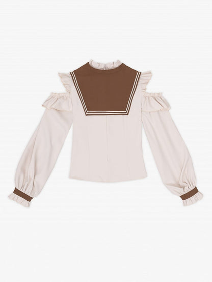 Coffee Long-Sleeve Blouse with Detachable Collar and Bowtie - DevilInspired Exclusive Collection