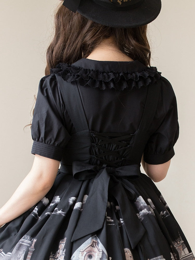 パンスリーブパフショートコットンブラックピーターカラーブラウス