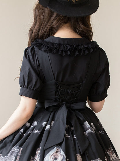 パンスリーブパフショートコットンブラックピーターカラーブラウス