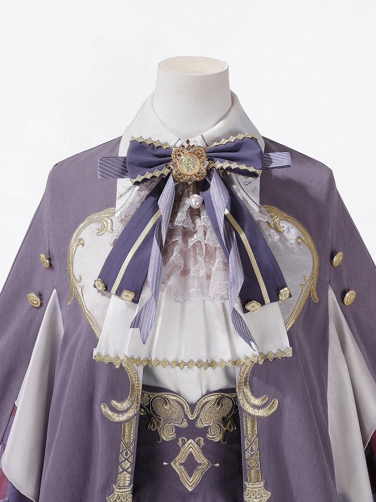 Magic Carnival Purple & White Bow Tie Blouse with Striped Skirt and Cape Set - Xiong Dou Jiang