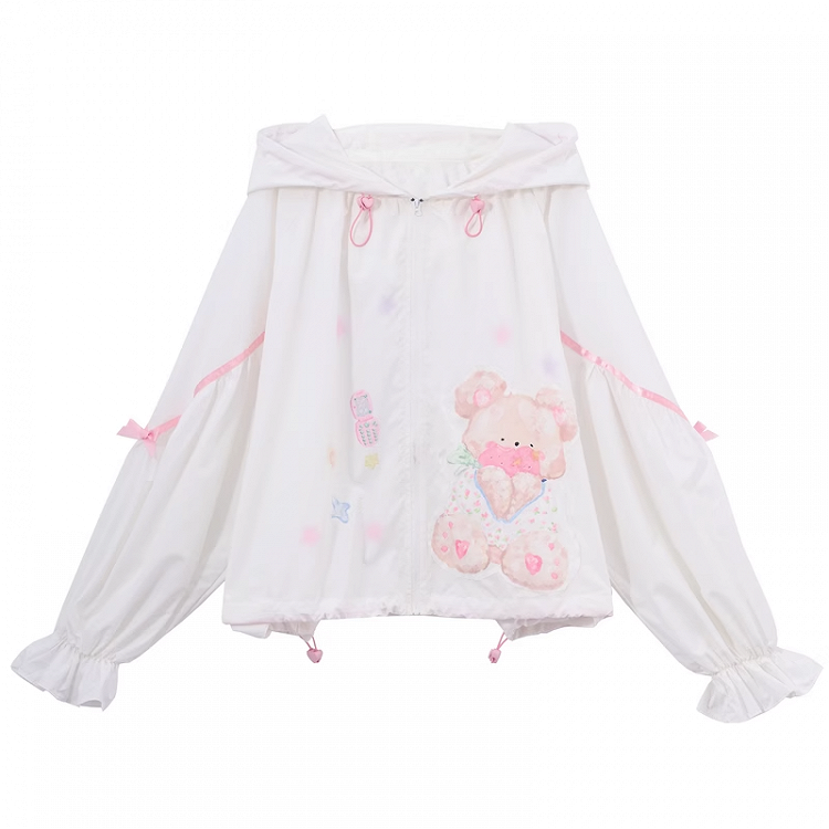 Sun Protection Hooded Adorable Bear Print Drawstring Hem White Jacket