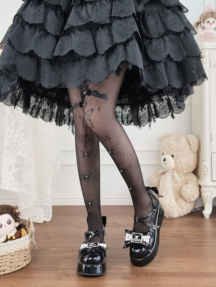 Butterfly & Cross Printed Sheer Lolita Tights, Black or White - Milkcat Studio