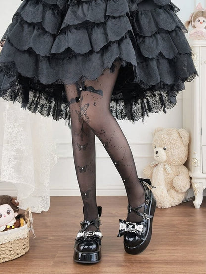 Butterfly & Cross Printed Sheer Lolita Tights, Black or White - Milkcat Studio