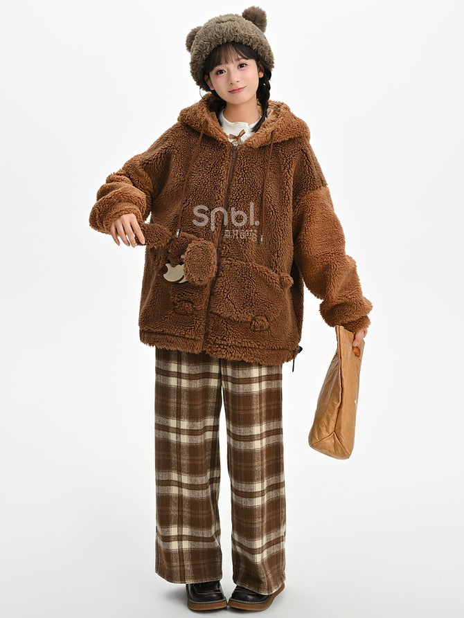 Brauner Fleece-Kapuzenpullover mit süßem Welpen-Taschendesign