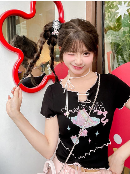 Neckline Black Cake Print Lettuce Hem Hem Pin Bow Big Details Sweet T-Shirt