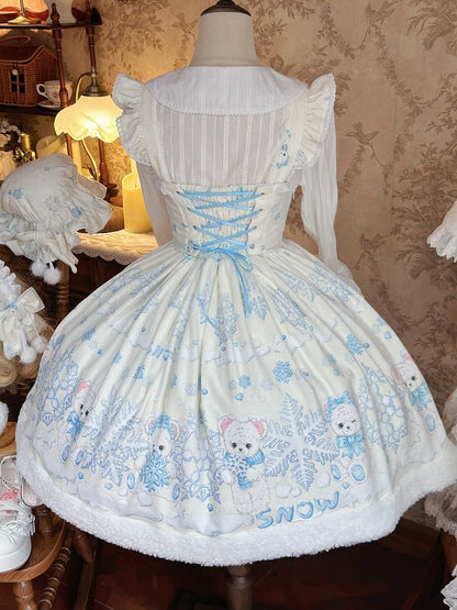 Sweet Winter Lolita Snowy Teddy Print Off-white Dress JSK Full Set