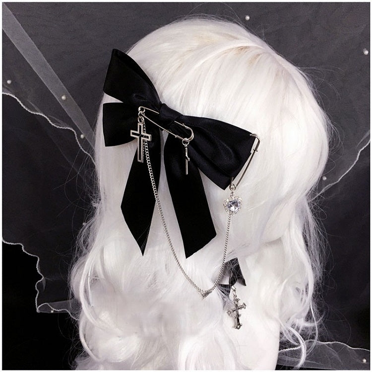 Heart Rhinestone Cross Black Hairclip with Pendant Gothic Bowknot