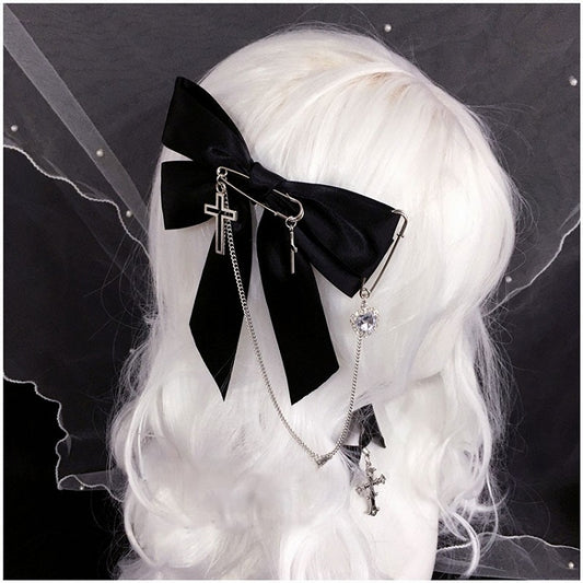 Heart Rhinestone Cross Black Hairclip with Pendant Gothic Bowknot