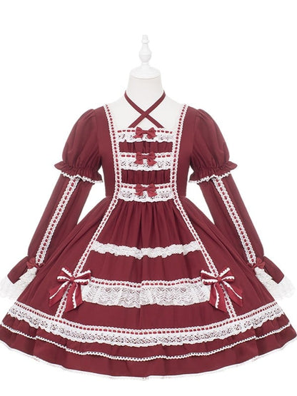 Christmas Red / Black Juliette Sleeve Old School Lolita Dress with Opulent Lace & Bow Accents