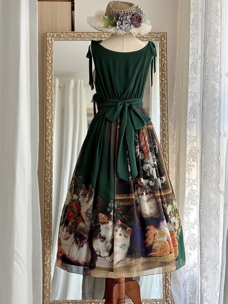 Dark Green Cat Oil Painting Print Elegant Lolita Maxi Dress with Cowl Neckline and Tie Straps