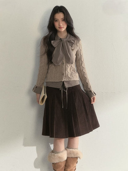 Plaid Faux Two-piece Khaki Vintage Elegant Sweater