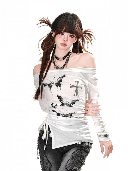 Taillenausschnitt Schmetterlingsdruck Glamouröses Top Kordelzug Weiß Off-the-Shoulder
