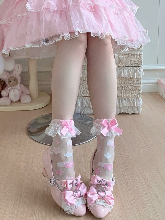 Sheer Ankle Socks with Bow Lace Trim & Star Decoration, 7 Colors - ROJI ROJI