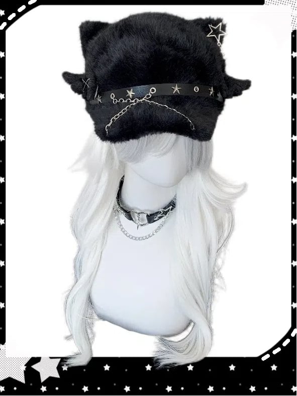 Chain Hat with Wing Punk Hardware Beret Cat Black Ear Plush Detail Angel